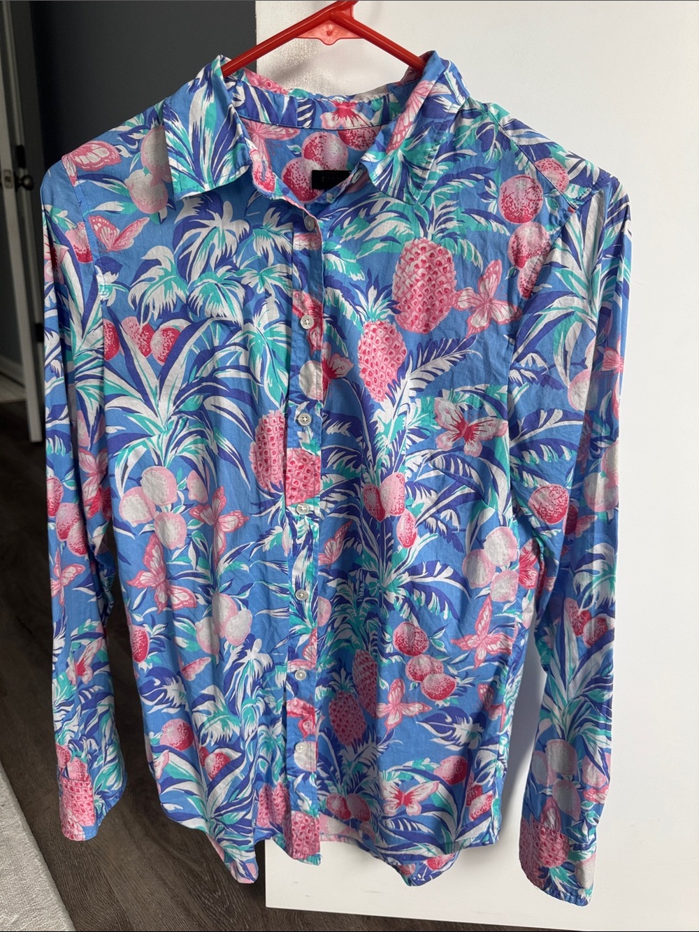 Talbots Blue Tropical Pineapple Print Button-Down Shirt